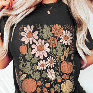 Black Wild Flower Pumpkin Print T Shirt