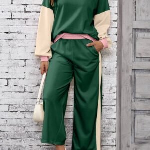 Blackish Green 2Pcs Color Block Pullover Loose Pant Set