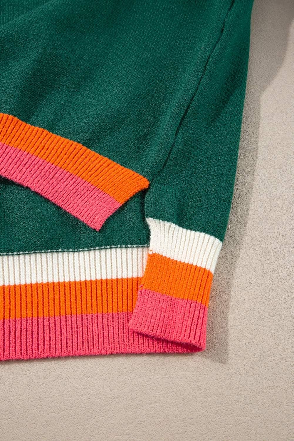 Blackish Green Colorblock Striped Trim Drop Shoulder Sweater