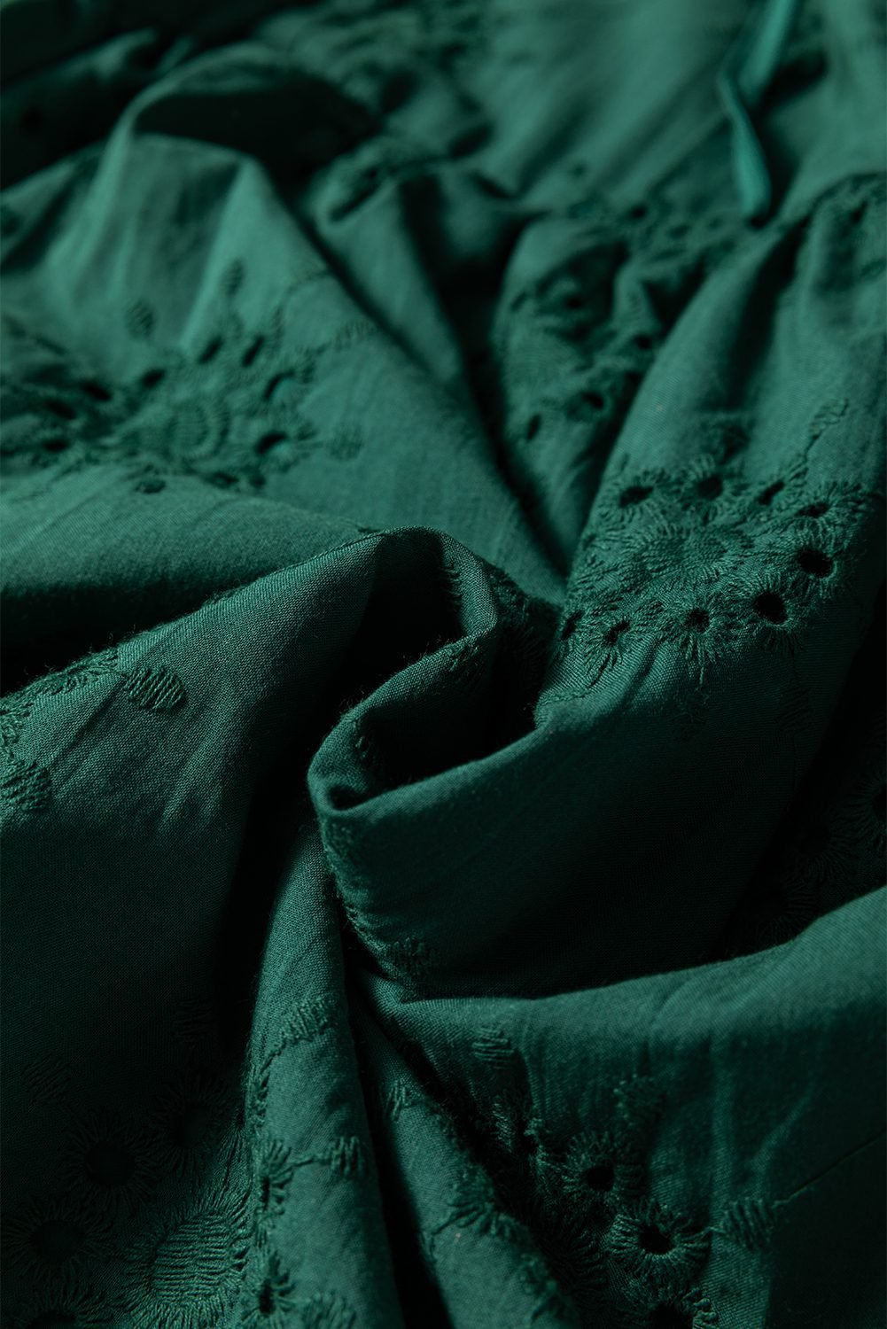 Blackish Green Embroidered Eyelet Pattern 3/4 Puffy Sleeve Swing Mini Dress