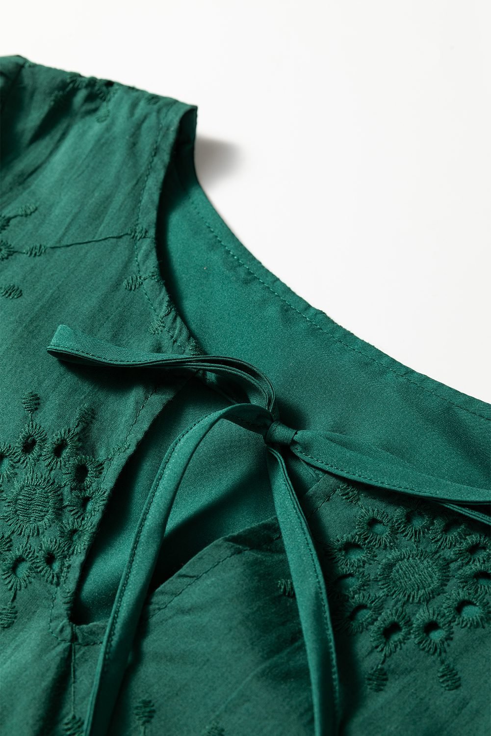 Blackish Green Embroidered Eyelet Pattern 3/4 Puffy Sleeve Swing Mini Dress