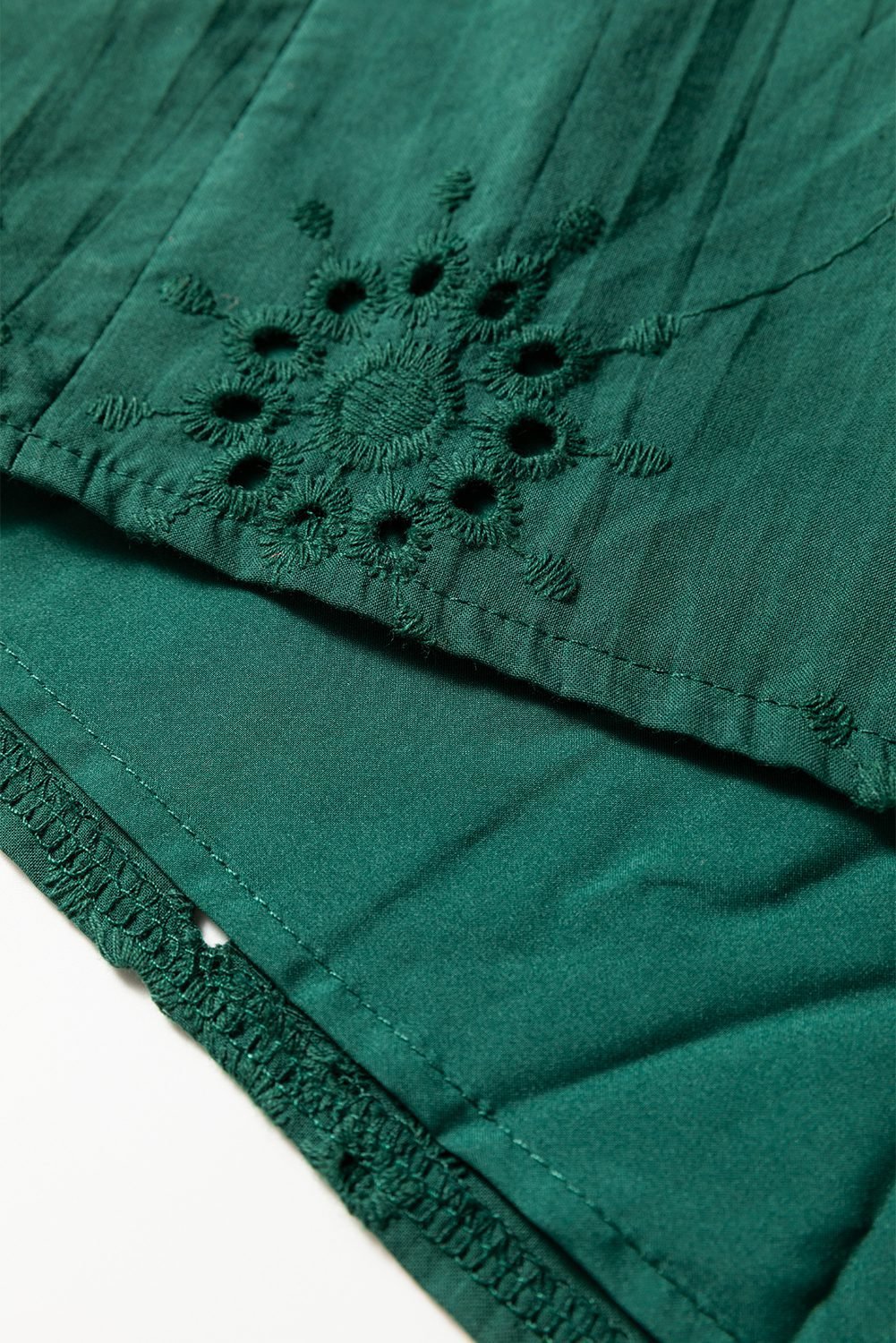 Blackish Green Embroidered Eyelet Pattern 3/4 Puffy Sleeve Swing Mini Dress