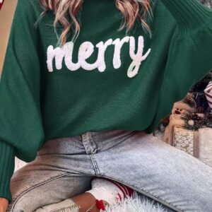 Blackish Green Merry Letter Embroidered High Neck Sweater