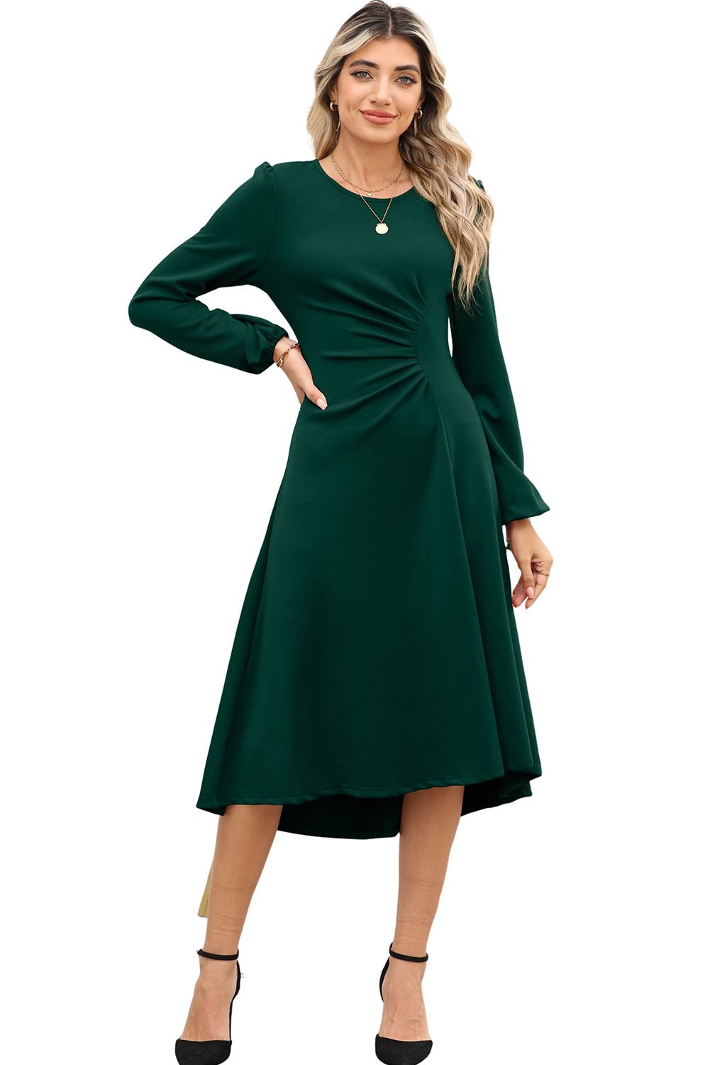 Blackish Green Solid Color Ruched Detail Long Sleeve Midi Dress