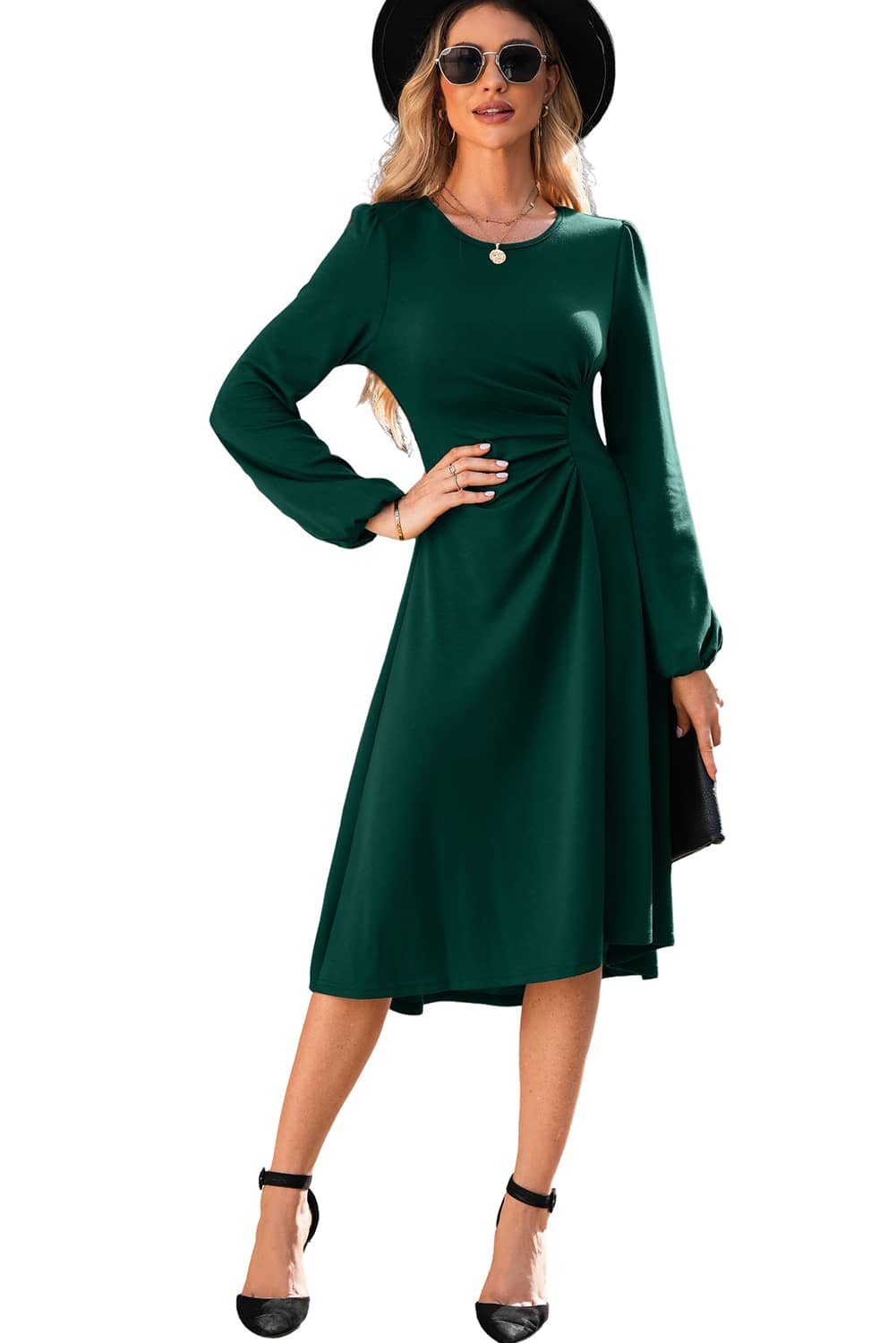 Blackish Green Solid Color Ruched Detail Long Sleeve Midi Dress