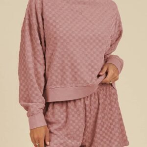 Blossom Checkered Textured Long Sleeve Top And Shorts Set