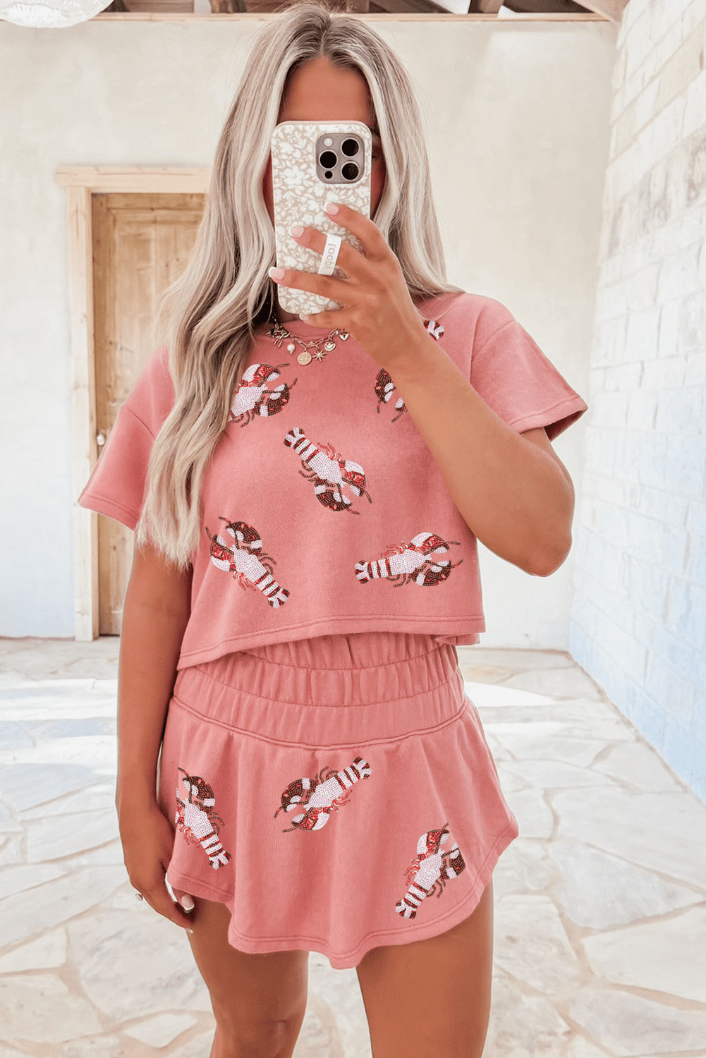 Blossom Sequin Crawfish Graphic Cropped Tee High Waist Skort 2Pcs Outfit