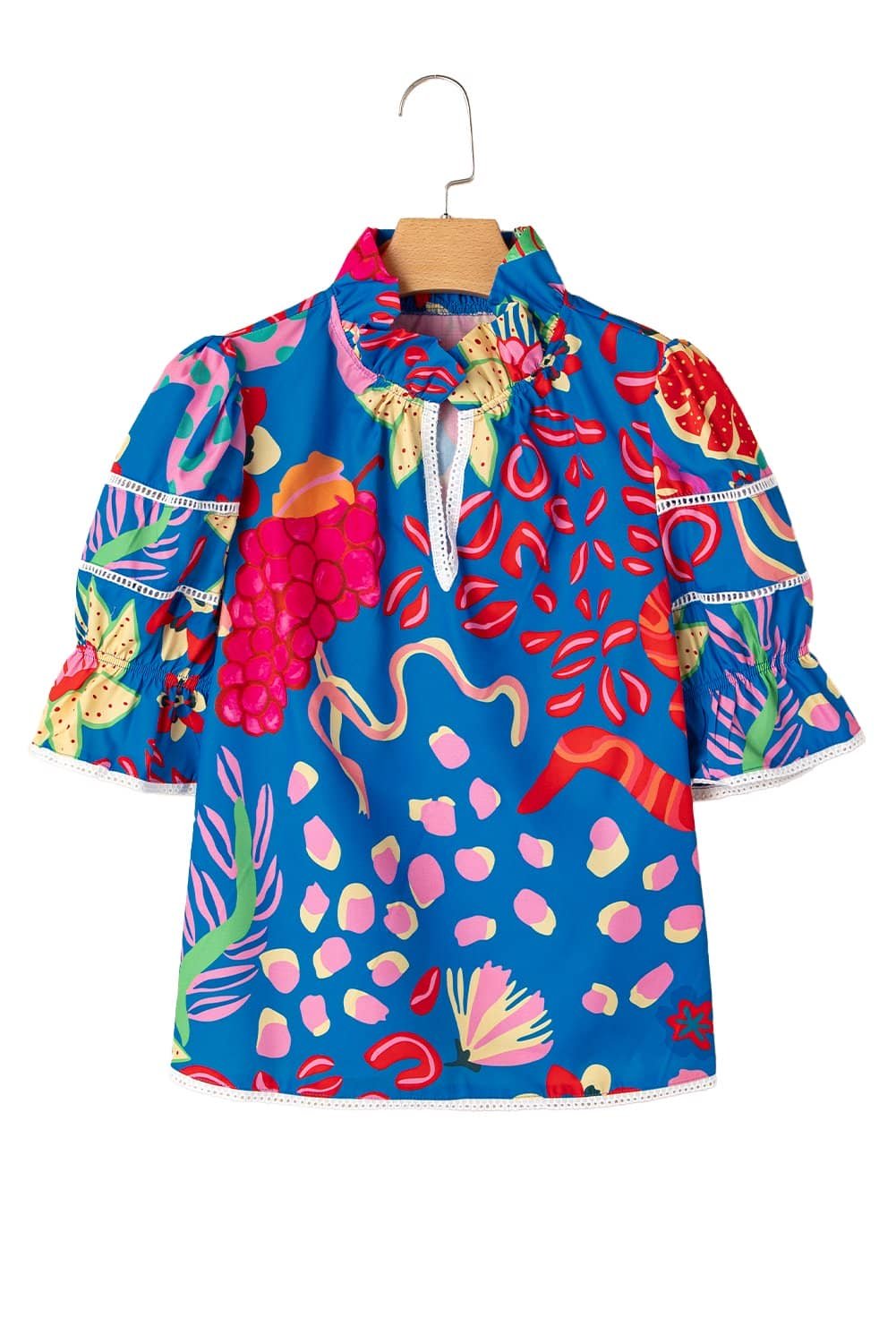 Blue Abstract Print Frilled Collar Ruffled Puff Short Sleeve Top