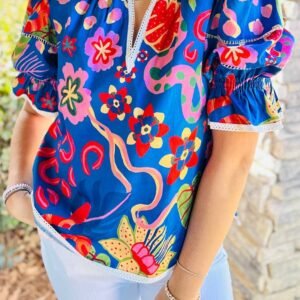 Blue Abstract Print Frilled Collar Ruffled Puff Short Sleeve Top