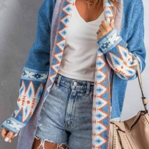 Blue Aztec Print Open Front Knitted Cardigan