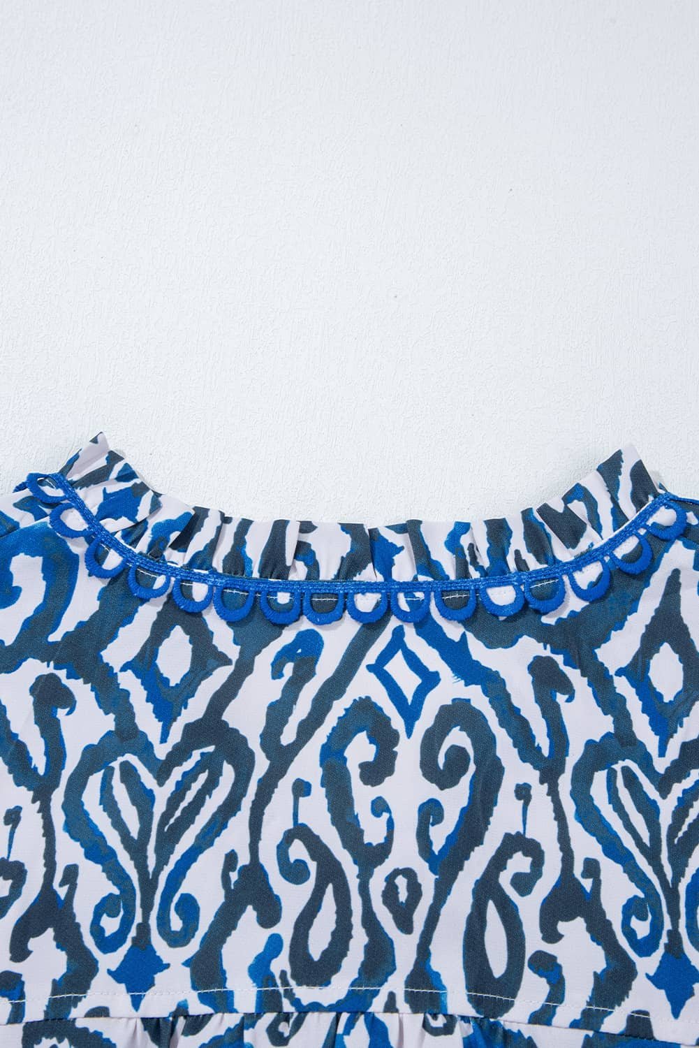 Blue Bohemian Print Embroidered V Neckline Detail Long Sleeve Shirt