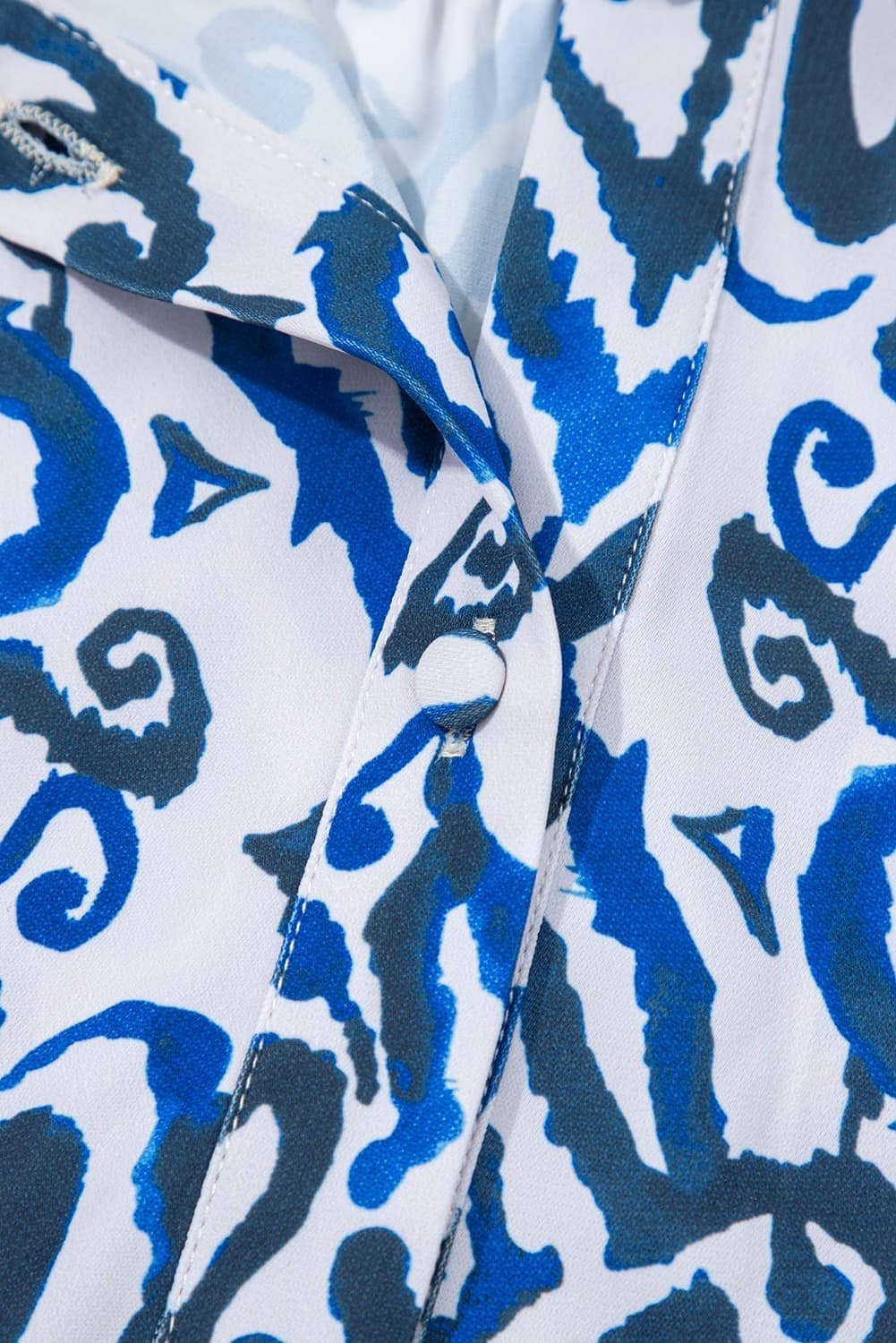 Blue Bohemian Print Embroidered V Neckline Detail Long Sleeve Shirt