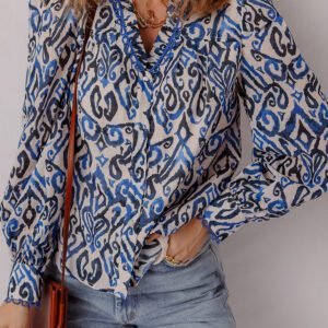 Blue Bohemian Print Embroidered V Neckline Detail Long Sleeve Shirt