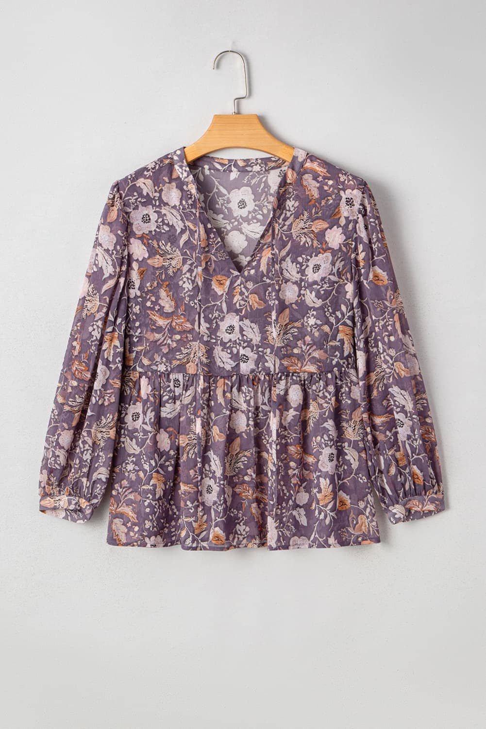 Blue Boho Flower Print 3/4 Sleeve Babydoll Blouse