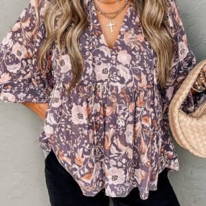 Blue Boho Flower Print 3/4 Sleeve Babydoll Blouse