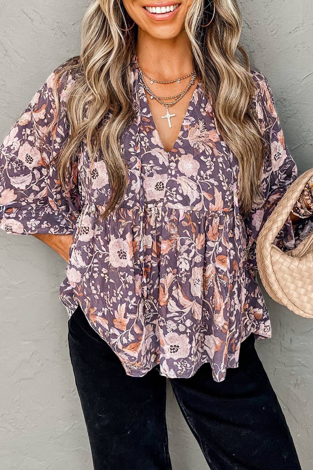 Blue Boho Flower Print 3/4 Sleeve Babydoll Blouse