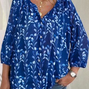 Blue Botanical Print Bracelet Sleeve Notched Neck Blouse