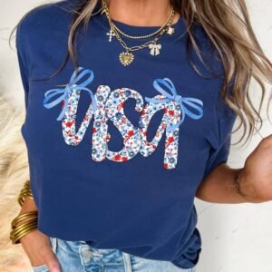 Blue Bow Floral Usa Letter Print Independence Day T Shirt