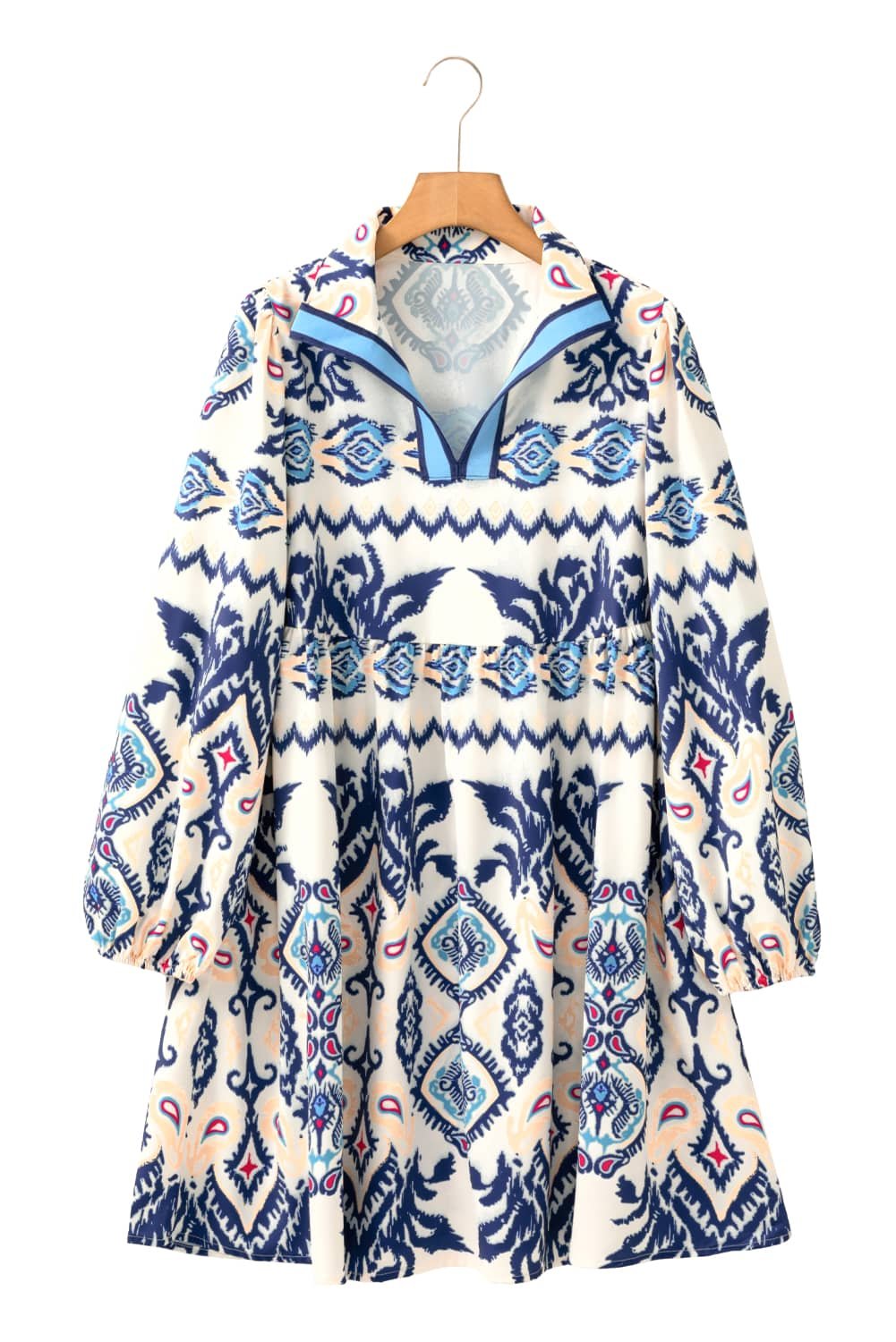 Blue Ethnic Print Striped Split Neck Long Sleeve Flowy Mini Dress