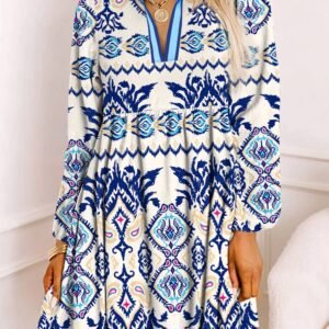 Blue Ethnic Print Striped Split Neck Long Sleeve Flowy Mini Dress