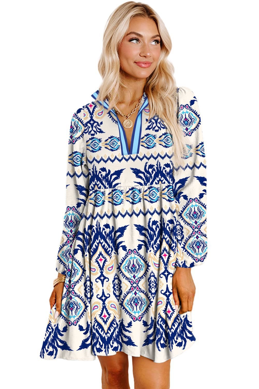 Blue Ethnic Print Striped Split Neck Long Sleeve Flowy Mini Dress