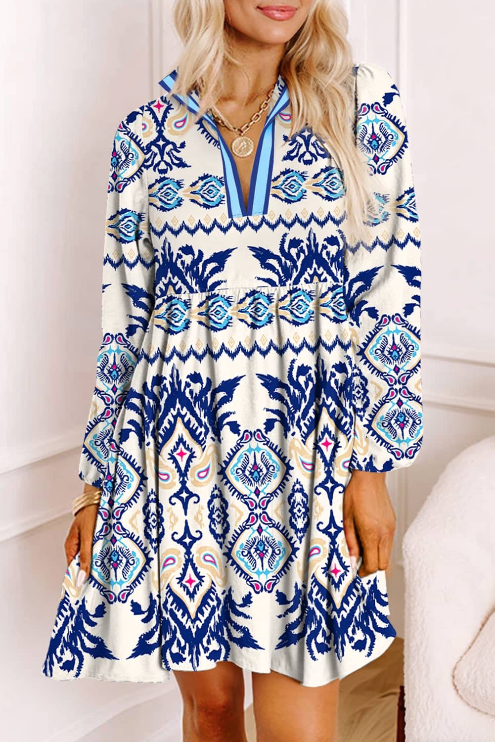 Blue Ethnic Print Striped Split Neck Long Sleeve Flowy Mini Dress