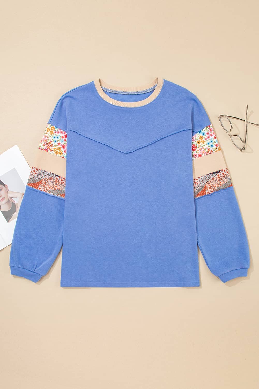 Blue Exposed Seam Floral Mixed Patchwork Relaxed Plus Size Top