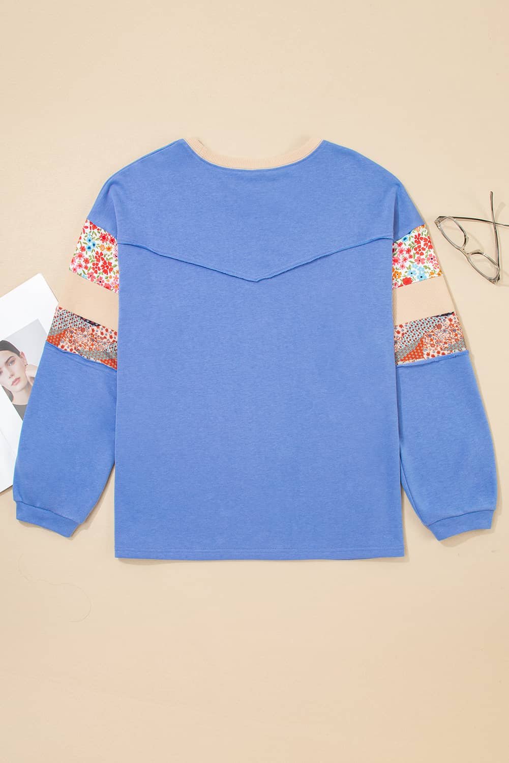 Blue Exposed Seam Floral Mixed Patchwork Relaxed Plus Size Top