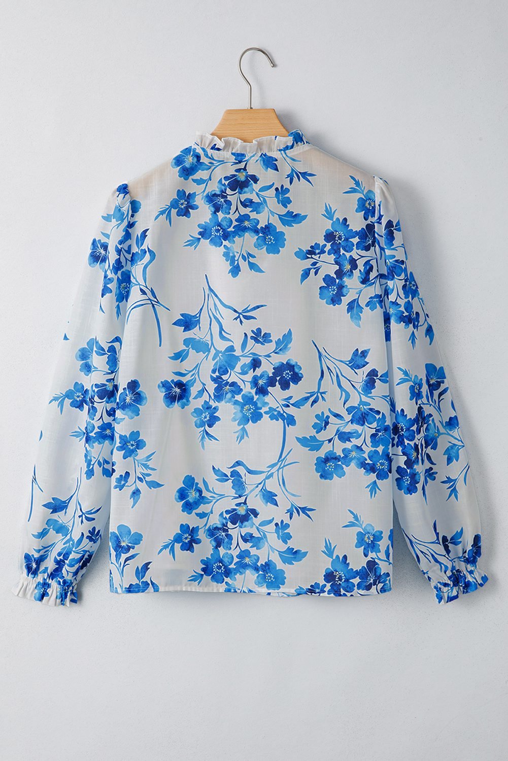Blue Floral Long Sleeve Lace-Up V Neck Blouse