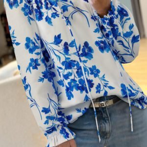 Blue Floral Long Sleeve Lace-Up V Neck Blouse