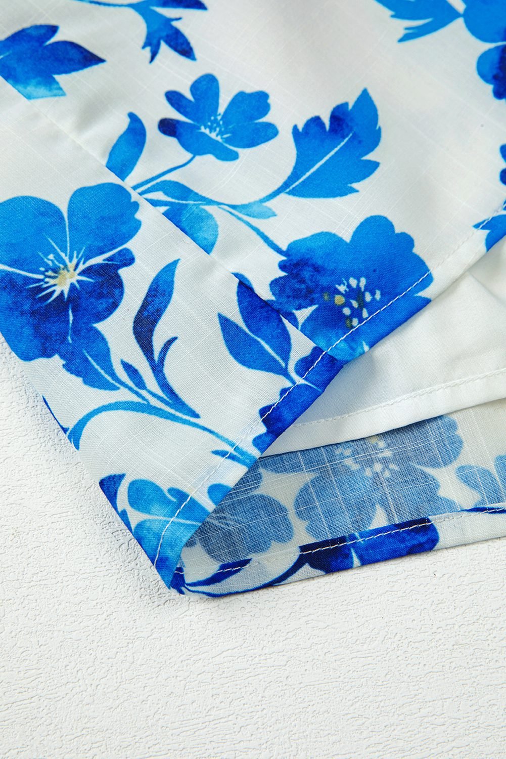 Blue Floral Long Sleeve Lace-Up V Neck Blouse