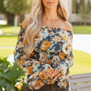 Blue Floral Off Shoulder Bell Sleeve Smocked Peplum Top