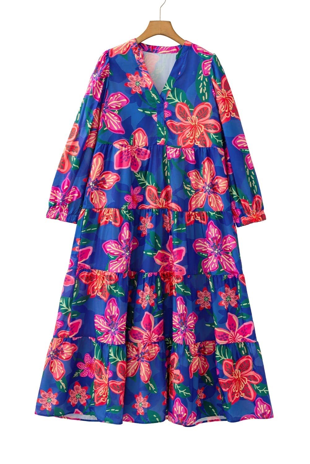 Blue Floral Print 3/4 Sleeve V Neck Tiered Long Dress