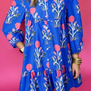 Blue Floral Print Button Detail 3/4 Puff Sleeve Ruffle Hem Dress