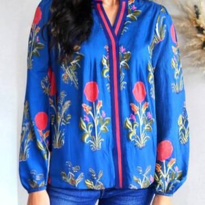 Blue Floral Print Contrast Striped Trim Notched Neck Long Sleeve Blouse