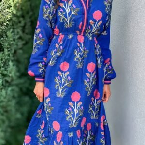 Blue Floral Print Striped Trim Split Neck Long Sleeve Ruffle Hem Midi Dress