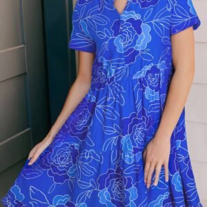 Blue Floral Ruffled Hem V Neck Short Sleeve Flowy Mini Dress