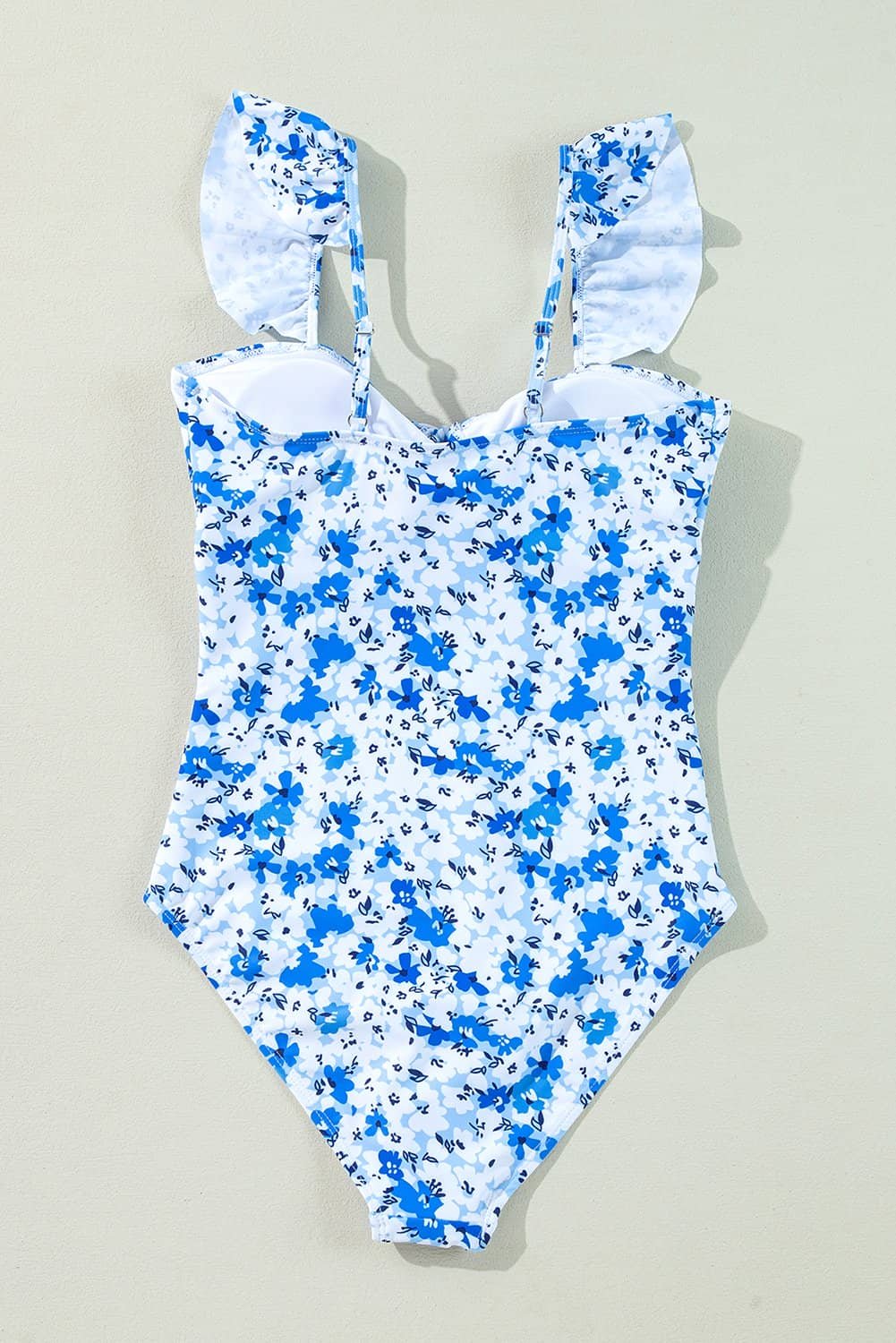Blue Floral Ruffled Strap Lace-Up Hollow Out One Piece Swimsuit