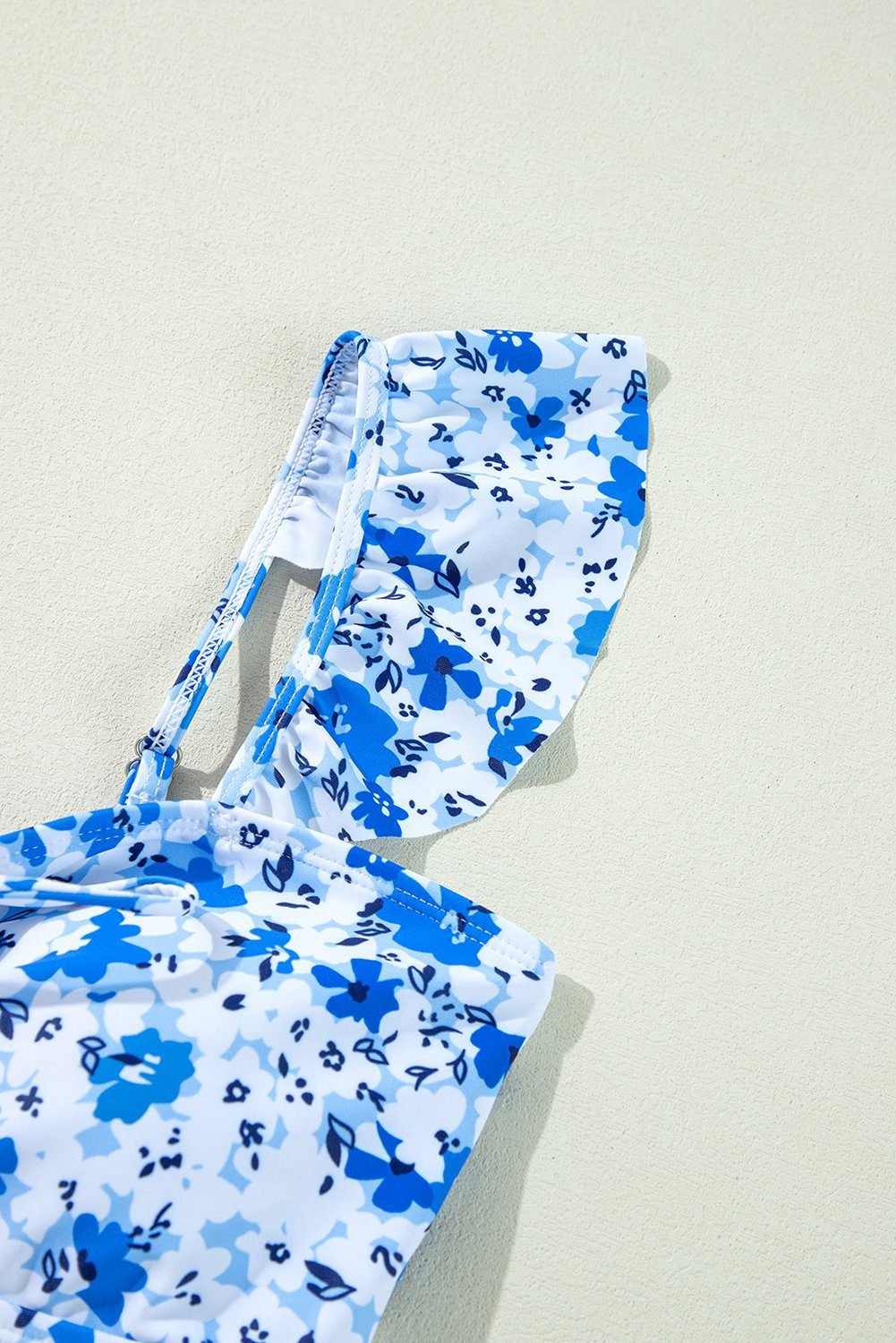 Blue Floral Ruffled Strap Lace-Up Hollow Out One Piece Swimsuit