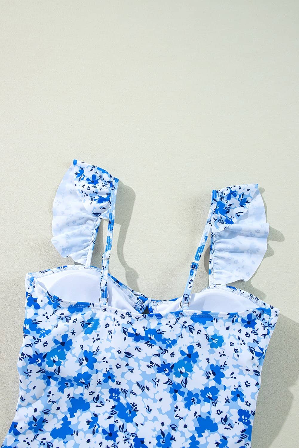 Blue Floral Ruffled Strap Lace-Up Hollow Out One Piece Swimsuit