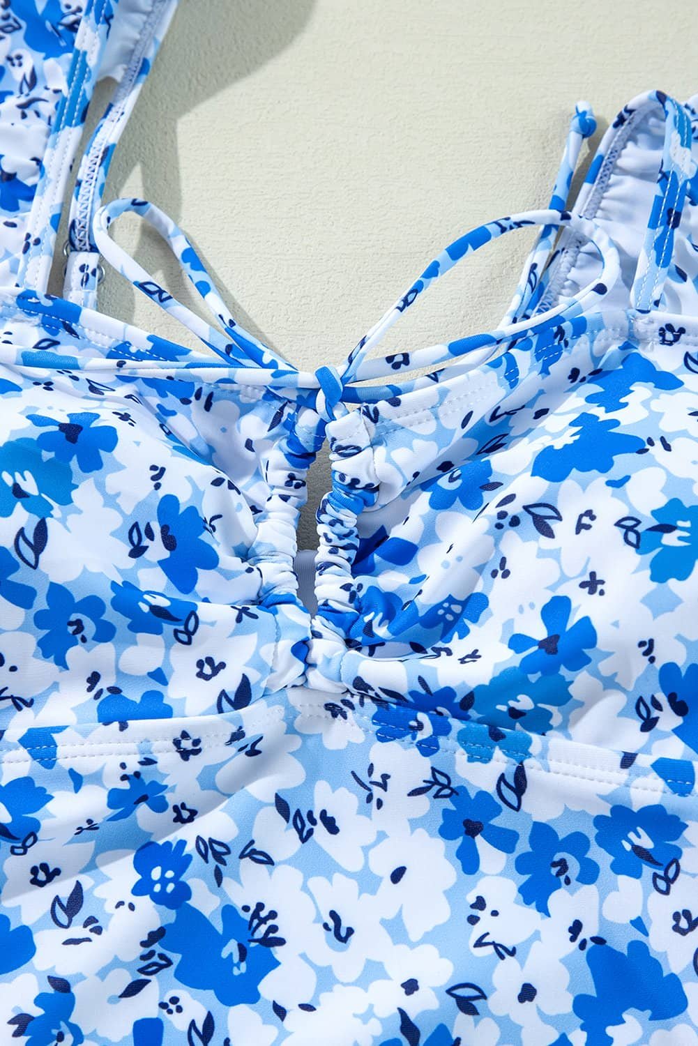 Blue Floral Ruffled Strap Lace-Up Hollow Out One Piece Swimsuit