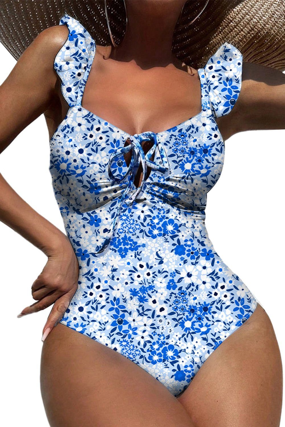 Blue Floral Ruffled Strap Lace-Up Hollow Out One Piece Swimsuit
