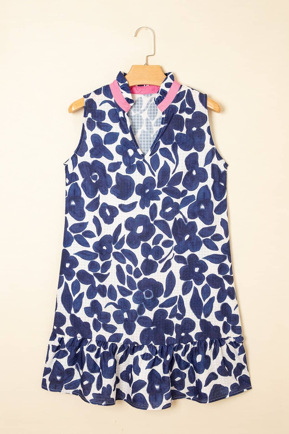 Blue Floral Sleeveless Colorblock Notched V Neck Mini Dress