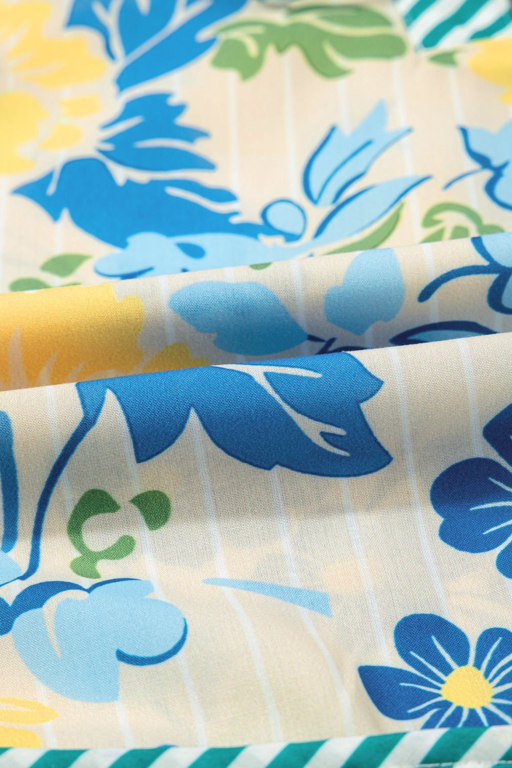 Blue Floral Striped Trim Puff Short Sleeve Dress