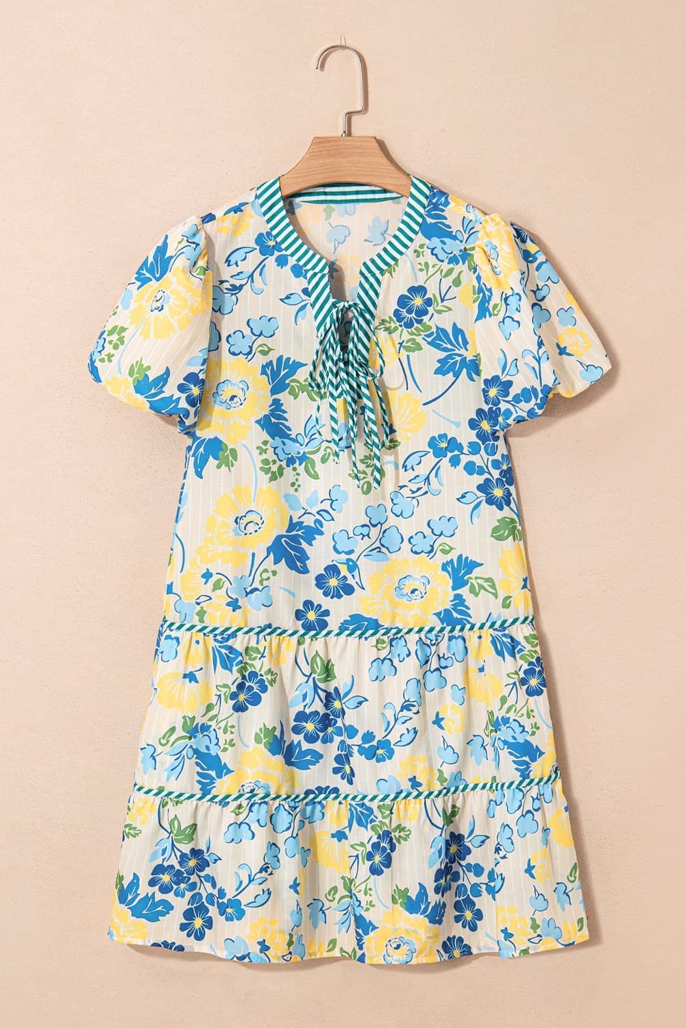 Blue Floral Striped Trim Puff Short Sleeve Dress