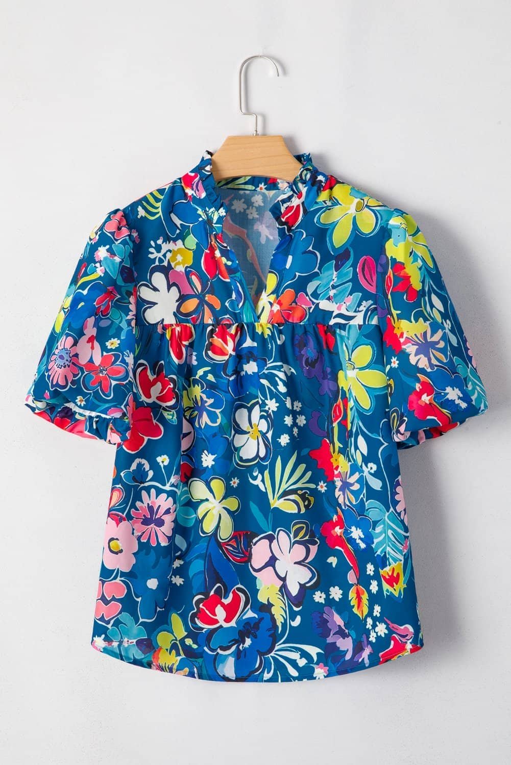 Blue Flower Print Collared V Neck Puff Short Sleeve Loose Blouse