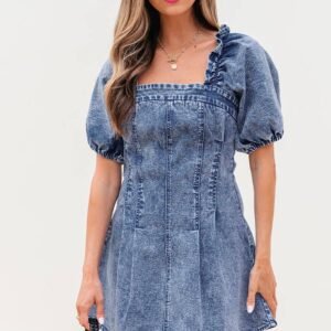 Blue Frilly Square Neck Bustier Puff Sleeve Short Denim Dress