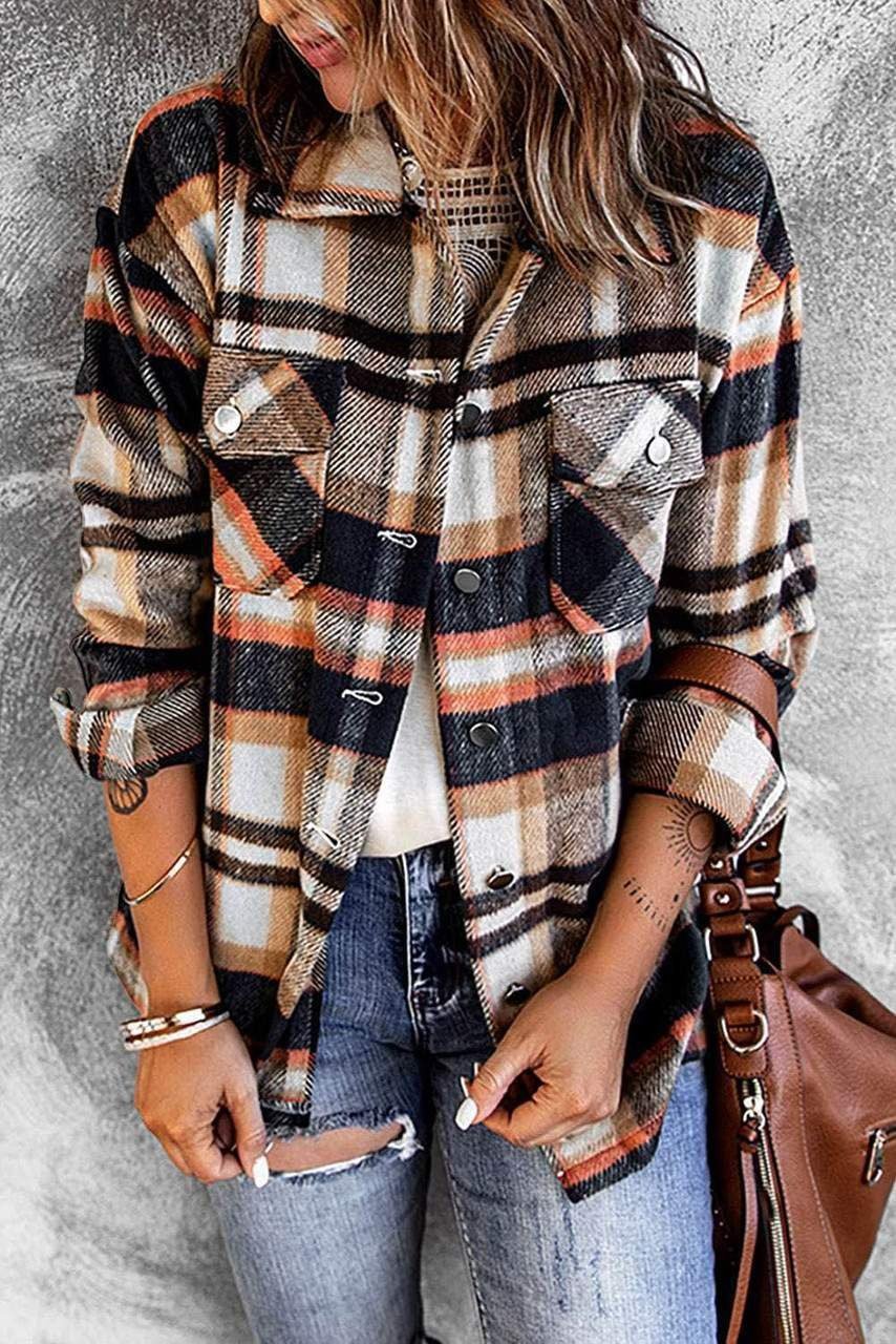 Blue Geometric Plaid Print Pocketed Shirt