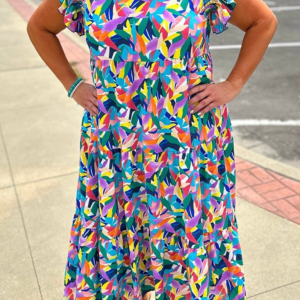 Blue Geometric Print Ruffled Short Sleeve Plus Size Tiered Maxi Dress
