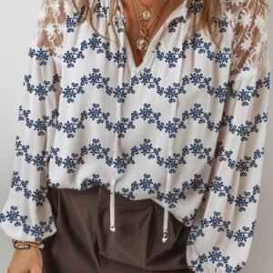 Blue Lace Patchwork Floral Bubble Sleeve V Split Neck Blouse